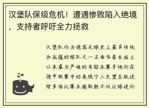 汉堡队保级危机！遭遇惨败陷入绝境，支持者呼吁全力拯救
